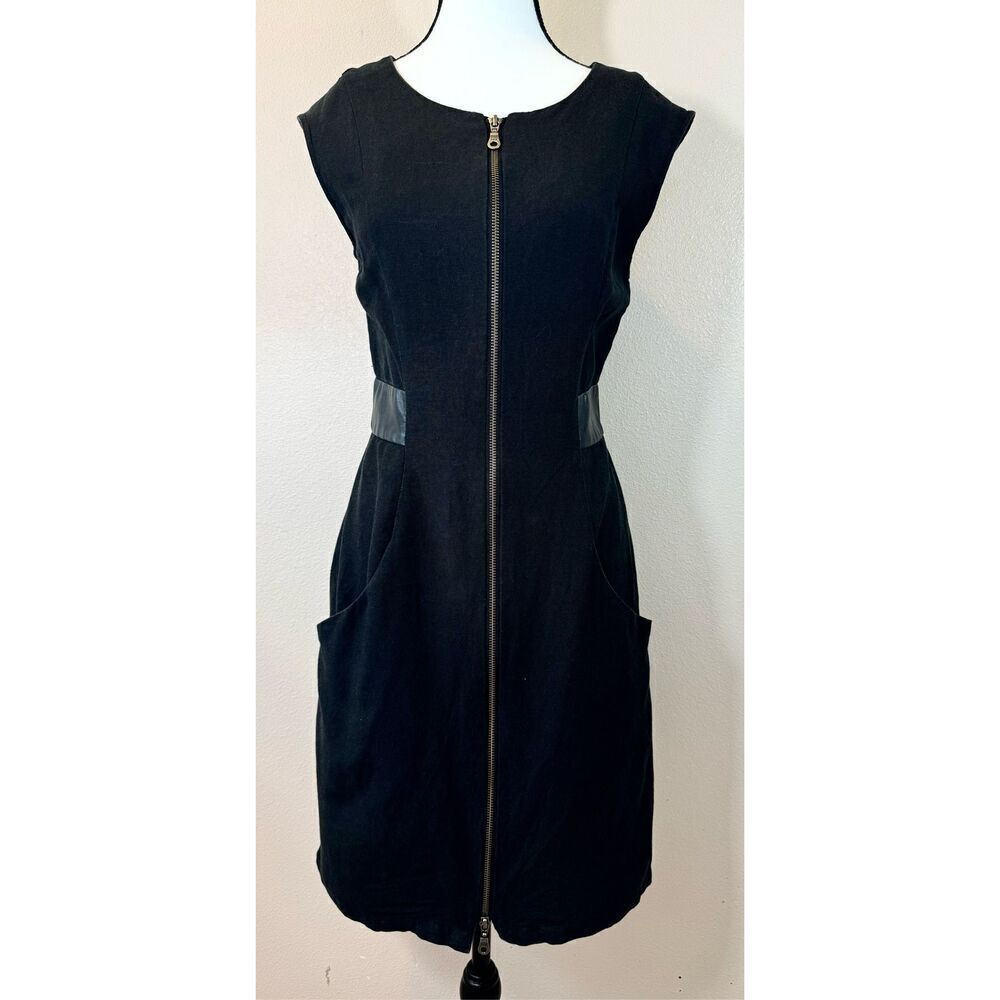 Vivienne Hu 100% Linen Black Sleeveless Front Zip Sheath Dress Women's Medium